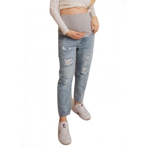 Рваные МОМ джинсы для беременных Светло-синие